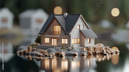 Obraz na płótnie Detailed 3D house model atop coin piles, representing real estate success, realistic reflections, clean and organized layout w salonie