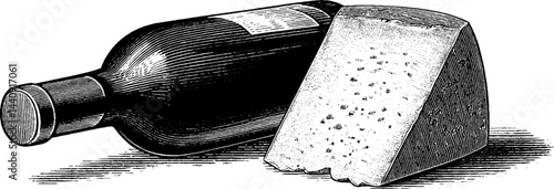 Vintage engraved illustration of cheese and wine set for culinary themes