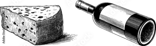 Vintage engraved illustration of cheese wedge and wine bottle for culinary design