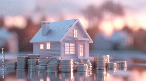 Obraz na płótnie Detailed 3D house model atop coin piles, representing real estate success, realistic reflections, clean and organized layout w salonie