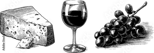 Engraved illustration set featuring cheese wedge, wine glass, and grapes for culinary art designs