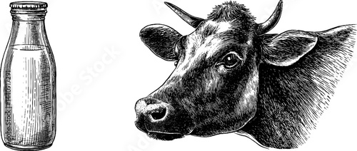 Engraved illustration of cow and milk bottle for dairy design