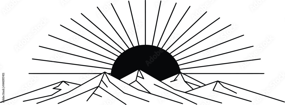 Obraz premium Geometric Mountain Range Sunrise - Black and White Vector