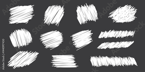 Lottery scratch card graphic elements - hand drawn pencil strokes scratchy fragments. White doodled messy irregular patterns smudged. Rough blotchy geometric edges scraping texture.