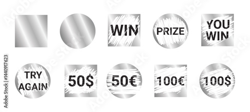 Lottery scratch inspiring words - scuffed weathered monochrome geometric label templates. Engagement gambling entertainment lifestyle art. Scribbly numbers uneven borders authentic look.