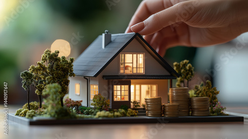Obraz na płótnie Hands presenting house model, coins stacked in foreground, symbolizing real estate stability, soft natural light, detailed textures w salonie