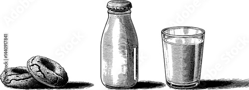 Vintage engraved illustration set featuring milk bottle, glass of milk, and cookies