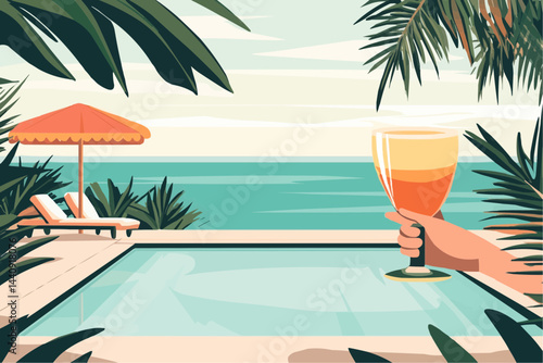 Flat vector illustration of a tropical all-inclusive resort scene: swimming pool, cocktail, and beach view. Minimal pastel summer style. Perfect for travel ads, vacation branding, and tourism projects
