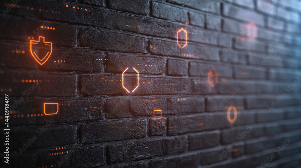 Solid brick wall illuminated by digital paths, glowing nodes and shields forming a web, symbolizing IT firewall strength, sharp detail