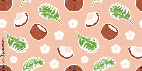 coconut. Seamless coconut pattern. tropical fruit. Coconut oil. coconut pulp. for advertising. Coconut pattern for packing. meal. A nut from a palm tree. seamless. 