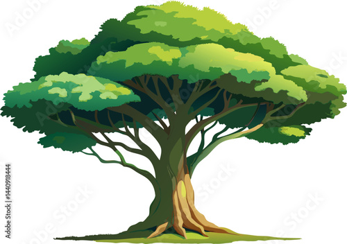 A watercolor of a Sycamore Fig (Ficus sycomorus), with a thick trunk and wide green canopy, isolated on a white background.