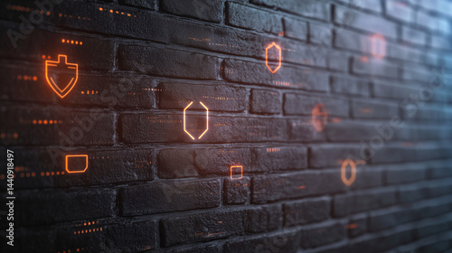 Obraz na płótnie Solid brick wall illuminated by digital paths, glowing nodes and shields forming a web, symbolizing IT firewall strength, sharp detail w salonie
