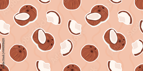 coconut. Seamless coconut pattern. tropical fruit. Coconut oil. coconut pulp. for advertising. Coconut pattern for packing. meal. A nut from a palm tree. seamless. 