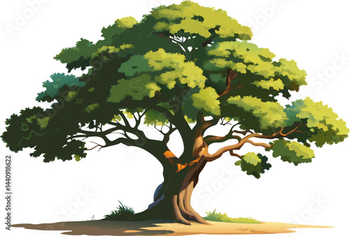 A watercolor painting of a Cork Oak (Quercus suber), with rugged bark and dense green foliage, isolated on a white background.