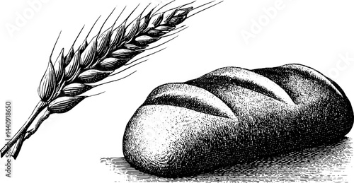 Engraved wheat stalk and bread illustration for culinary design
