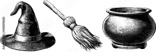 Vintage witchcraft essentials: engraved illustration of witch hat, broomstick, and cauldron