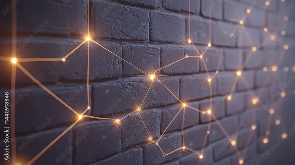 Intricate web of digital shields and nodes lighting up a brick wall, realistic textures, IT security backbone theme, futuristic vibe