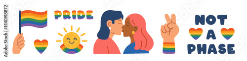 Vector LGBT trendy clipart set. Colorful cute modern collection of LGBTQ Pride elements. Lesbian girls. LGBTQ flags, gender signs, hearts and other gay community objects in rainbow colors.