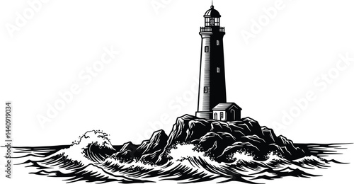 Lighthouse Silhouette on Rocky Cliffs