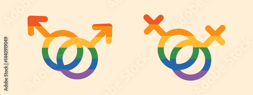 Colorful vector illustration set of interlocking gender female and male symbols with rainbow design. LGBTQ gay pride and gender diversity collection. LGBT unity and inclusivity. Mars and venus signs.
