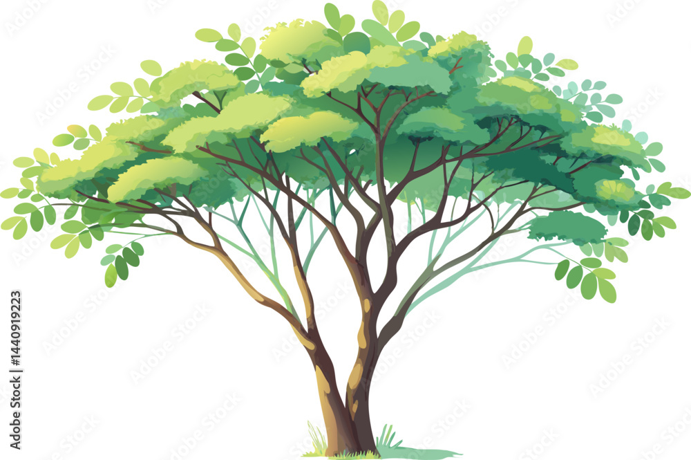 A watercolor rendering of a Moringa Tree (Moringa oleifera), with light feathery leaves and thin branches, isolated on a white background.