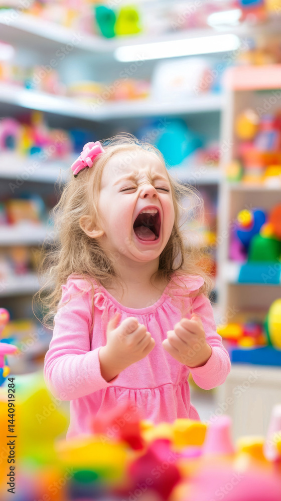 Fototapeta premium Toddler in a toy store expressing emotions amid colorful toys
