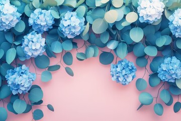 Soft pastel hydrangea and eucalyptus floral border design.