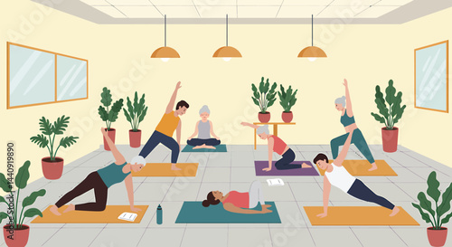 Yoga Class in Studio, Flat Vector Illustration