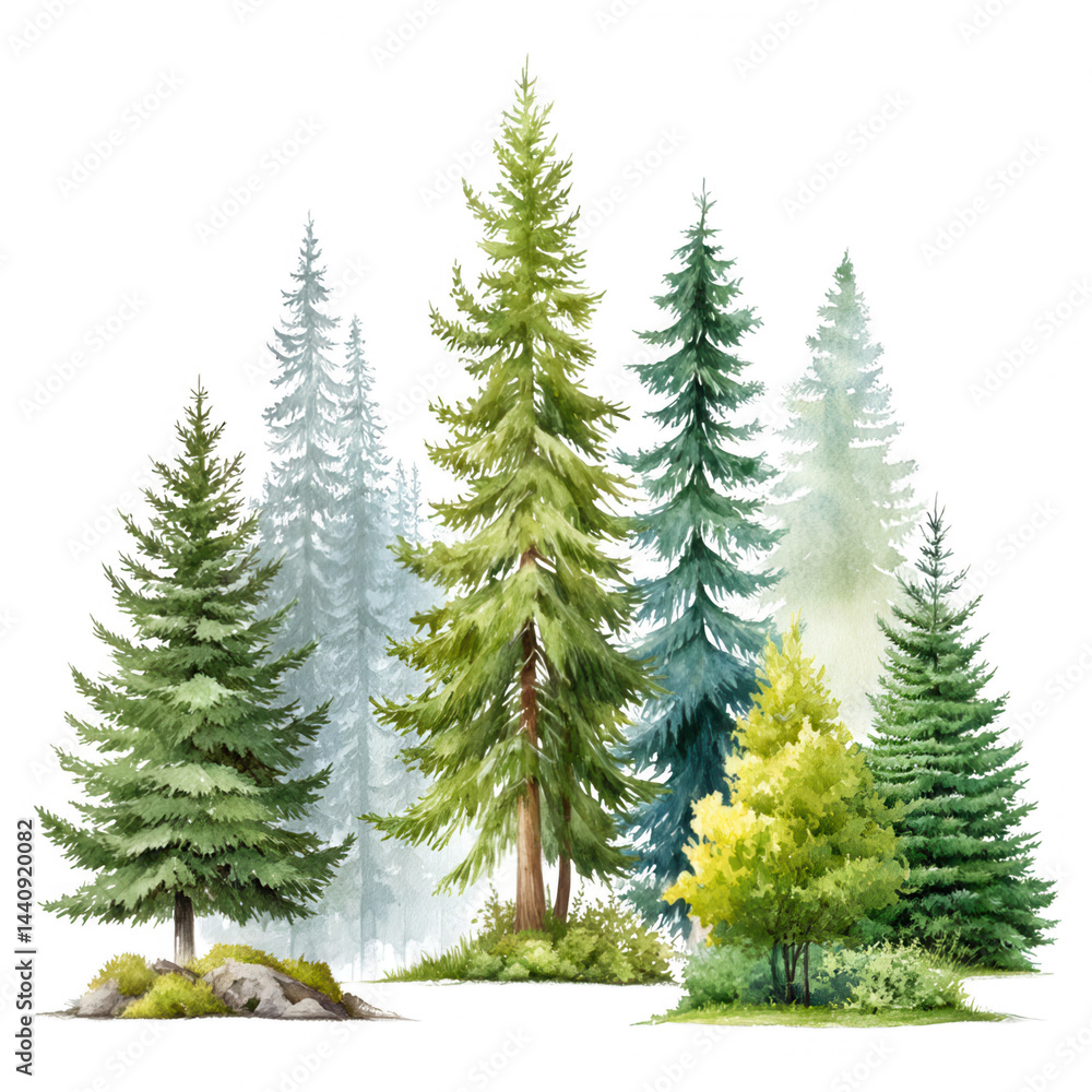 Obraz premium A watercolor illustration of various evergreen trees on a white background.