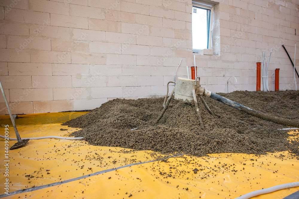 An indoor construction site shows loose aggregate spread over a yellow sheet. A hose dispenses material, with concrete block walls and utility pipes visible.