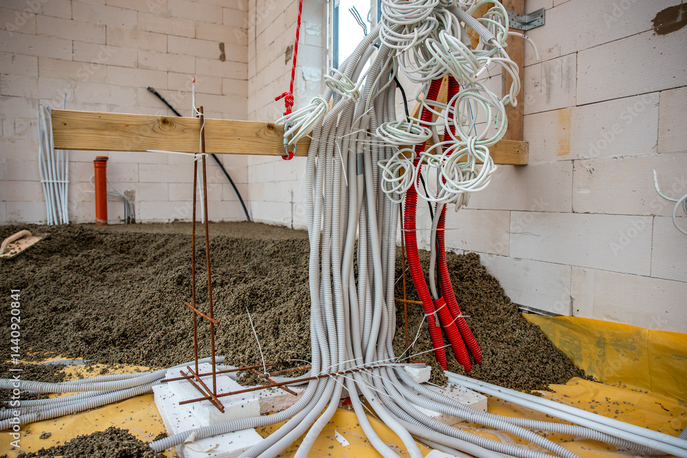 Electrical conduit pipes in white and red emerge from a gravel covered floor, supported by wooden beams and metal rods in an unfinished building.