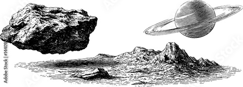Engraved illustration set of alien planet, ringed planet, and rocky terrain