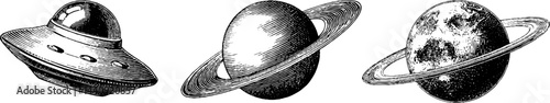 Vintage engraved illustrations of ufo, planet, and galaxy concepts for sci-fi designs