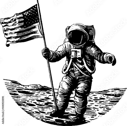 Vintage engraved illustration of astronaut on moon surface with flag