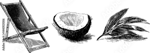 Vintage summer vibes: engraved beach chair, coconut, and palm leaf illustration for tropical design