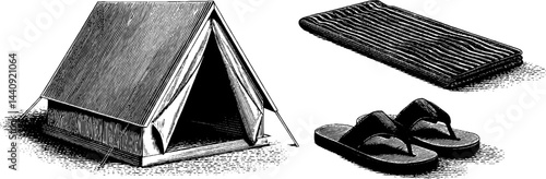 Vintage beach camping essentials: tent, mat, and sandals engraving for outdoor adventure design