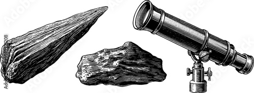 Vintage astronomy collection: engraved comet, telescope, and meteorite designs