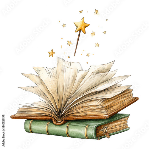 An opened vintage book displays magic wand with gold stars emanating above