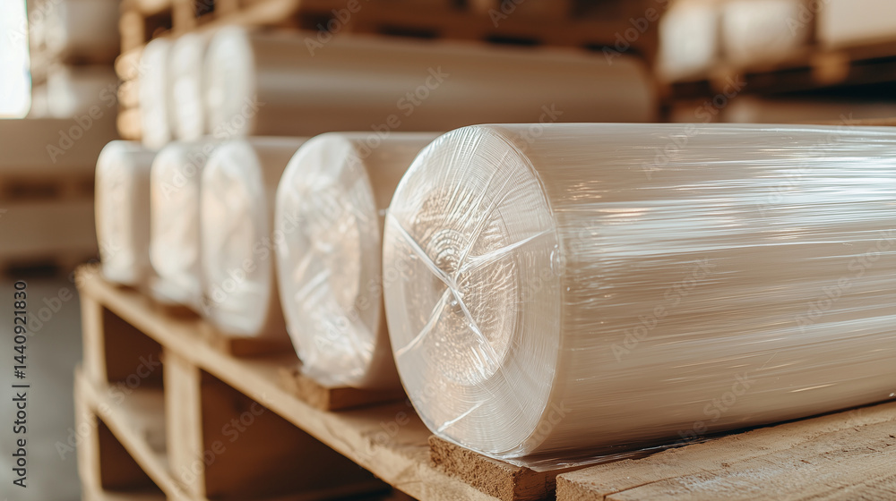 Taut stretch film wrapping a loaded pallet, seamless adhesion, ultra-close macro view, smooth texture, crisp lighting