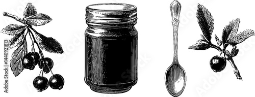 Vintage engraving of jam jar with berry branch and spoon for culinary designs