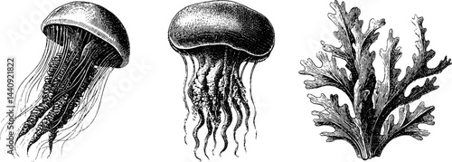 Vintage ocean life artwork featuring jellyfish and seaweed for nautical design