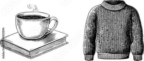 Cozy winter essentials: knitted jumper and hot drink engraved illustration for seasonal designs