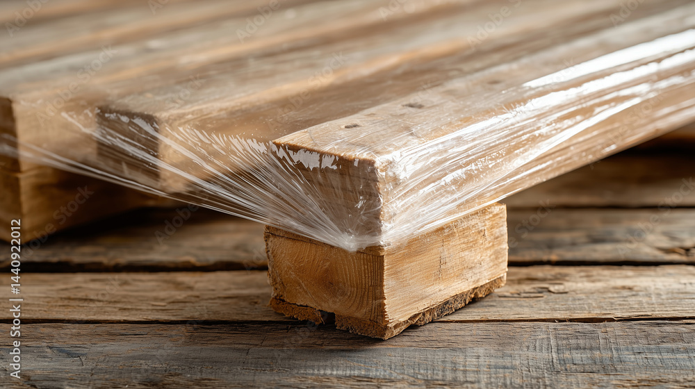 Macro shot of flawless stretch film on rugged pallet, perfect tension, no bubbles, industrial setting, vivid realism