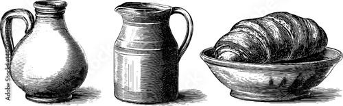 Rustic farmhouse engraving set featuring milk jugs and fresh baked croissant