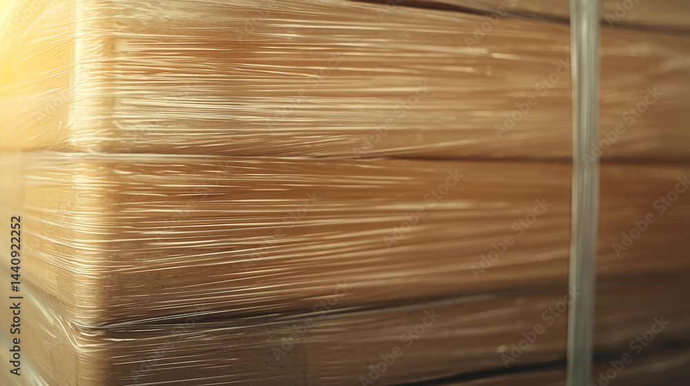 Detailed macro of pallet wrapped in smooth stretch film, tight fit, no imperfections, high-contrast industrial texture