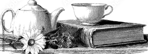 Vintage engraving set with teapot, book, and flowers for classic decor or design