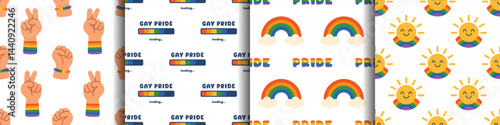 Collection of cute seamless patterns with bold rainbow elements. Fun, modern designs for Pride Month, LGBTQ merch, and trendy backgrounds. Colorful, inclusive. Support LGBT community.