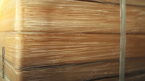 Obraz na płótnie Detailed macro of pallet wrapped in smooth stretch film, tight fit, no imperfections, high-contrast industrial texture w salonie