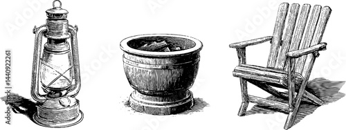 Vintage outdoor camping essentials: lantern, fire pit, and wooden chair engraving