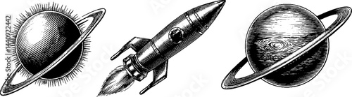 Vintage space exploration engraving with rocket and planets design for science enthusiasts